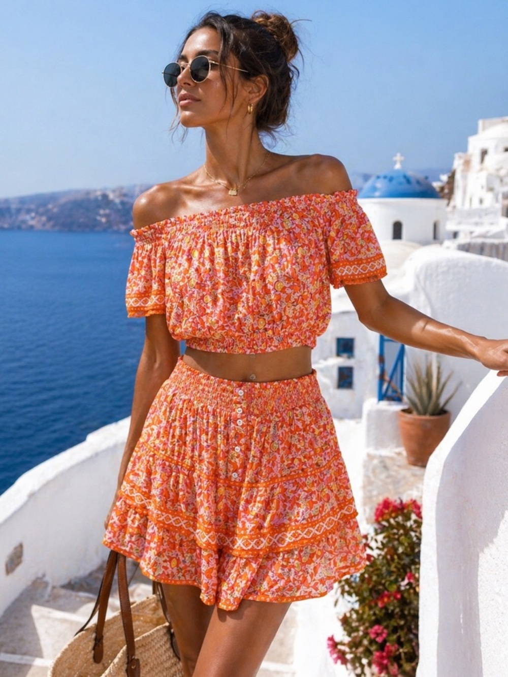 POUPETTE ST BARTH Orange Lemon Floral Set | Off Shoulder Top + Ruffle Shorts